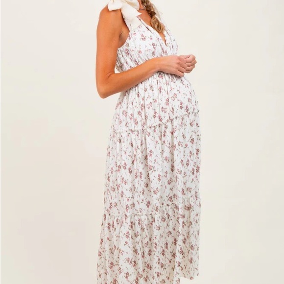 Floral White and Pink Women's Maternity Dress - Picture 3 of 5